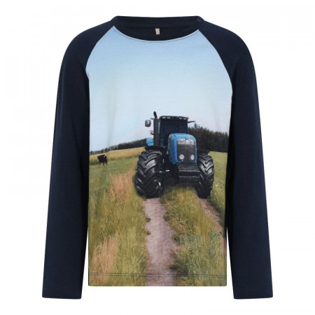 Minymo T-skjorte Barn Langermet Traktorprint Navy Night (Kun str 104 og 122)