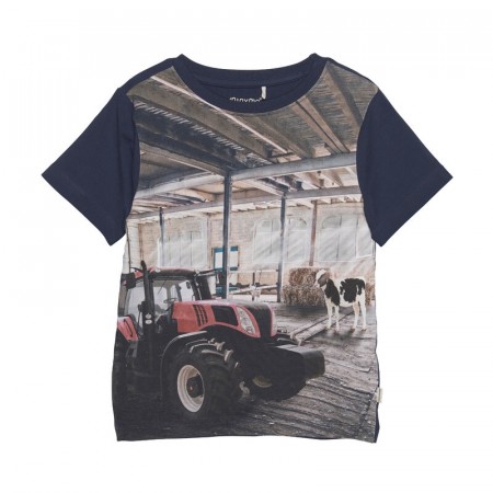 Minymo T-skjorte Barn Kortermet Traktorprint Black Iris (Kun str 104, 110 og 116)