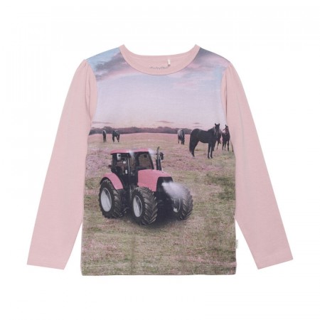 Minymo T-skjorte Barn Langermet Traktor Hester Pale Mauve